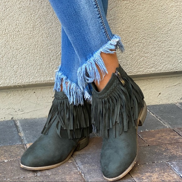 Olive Green Western Boho Braid Fringe Ankle Boots - Picture 3 of 13